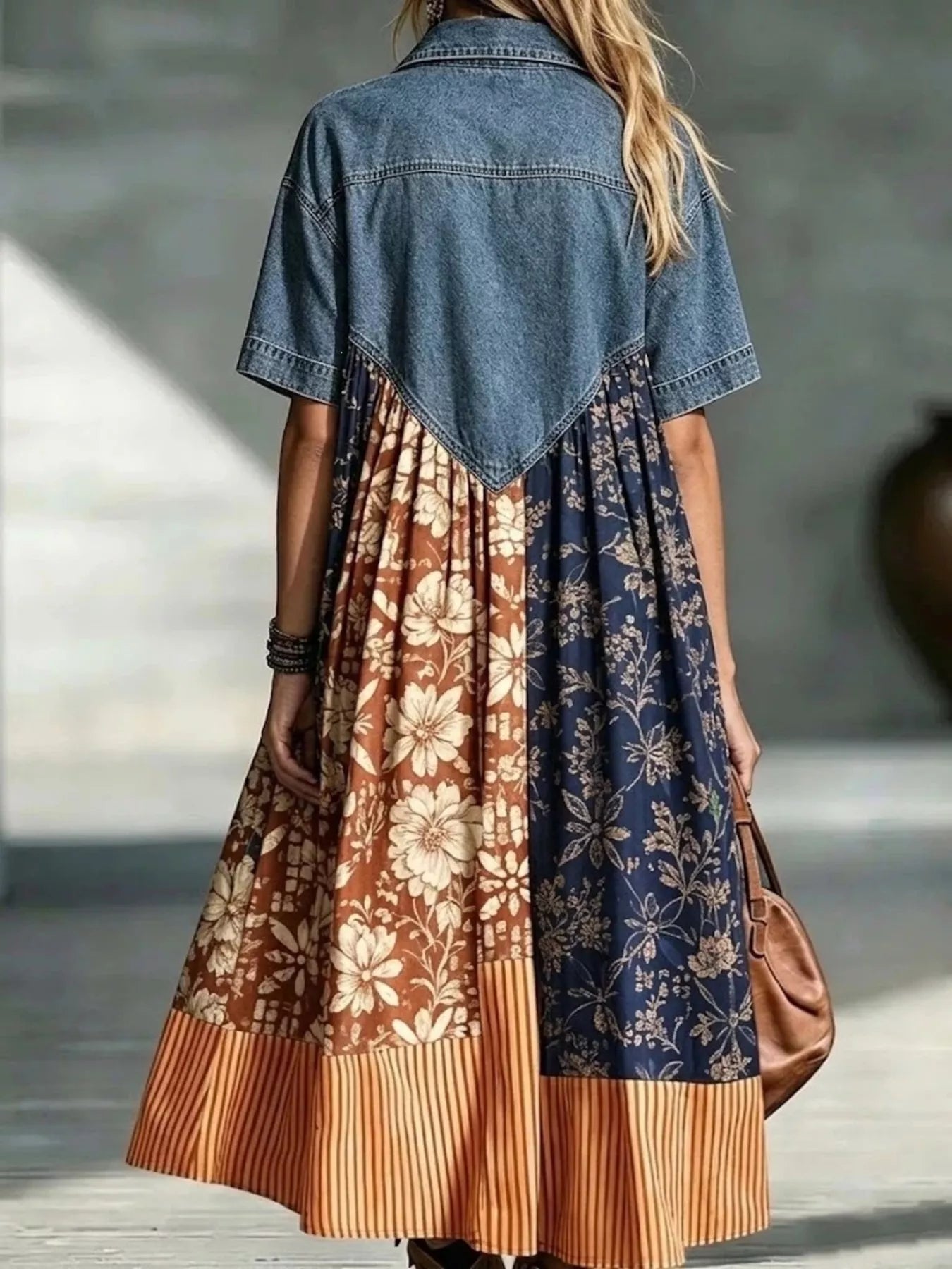 Full Size Denim Patchwork Printed Shirt Dress Plus Size