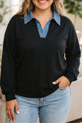 Black Solid V Neck Tunic Shift Long Sleeve Plus Size Blouse