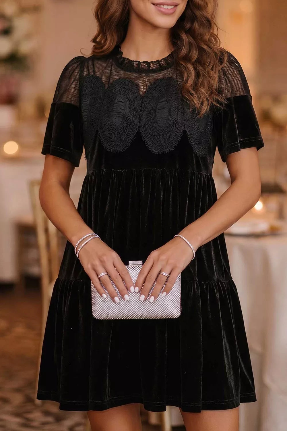 Embroidered Velvet Short Sleeve Mini Shift Dress