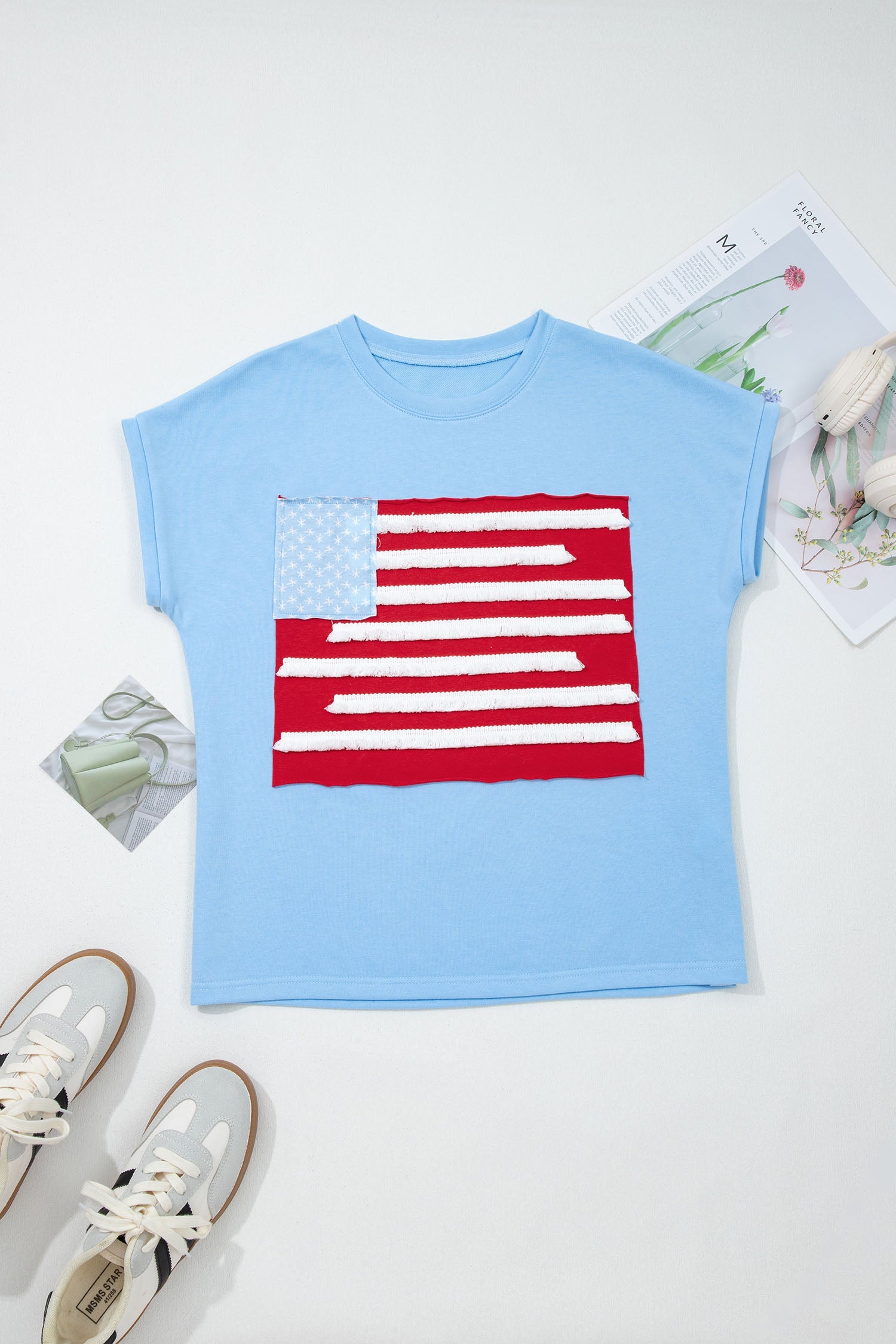 Mist Blue USA Flag Textured Patchwork Cap Sleeve Tee