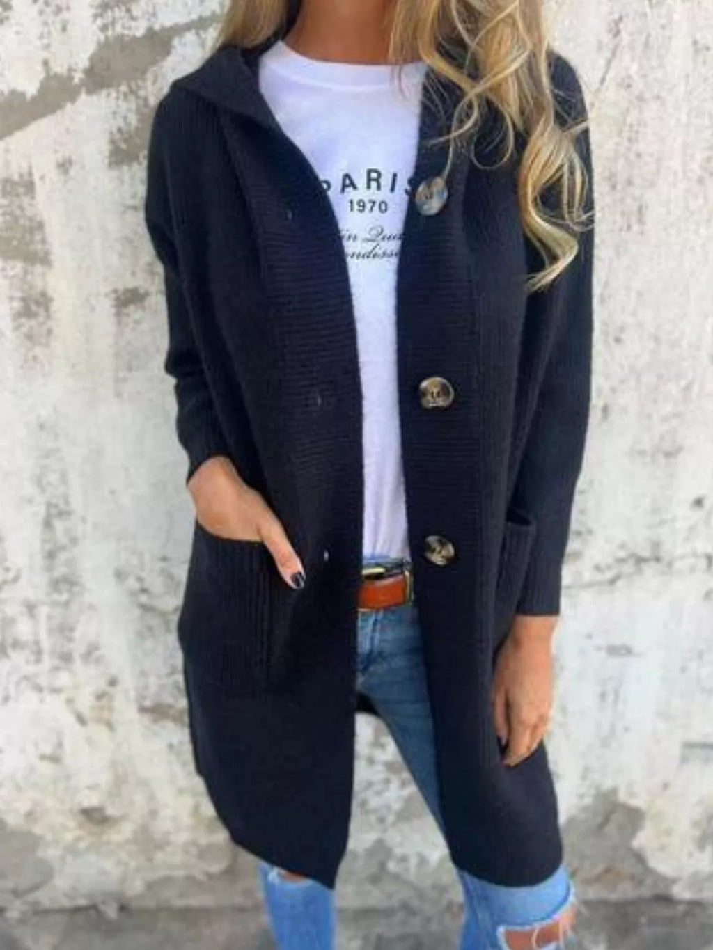 Full Size Button-Down Hooded Cardigan Plus Size