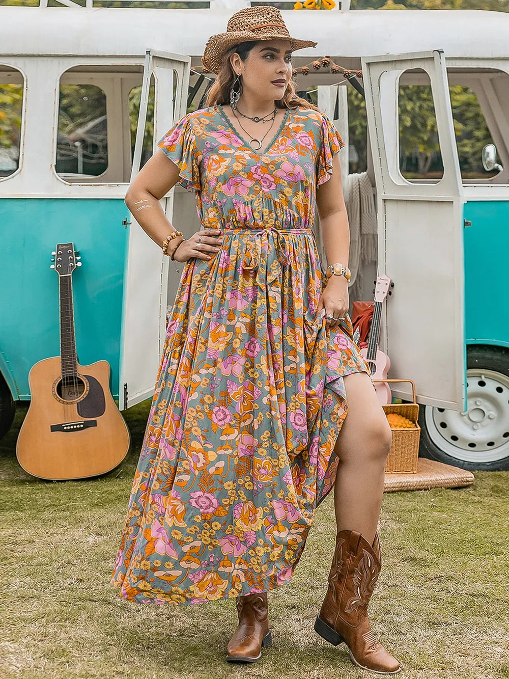 Ruffled Printed Cap Sleeve Dress