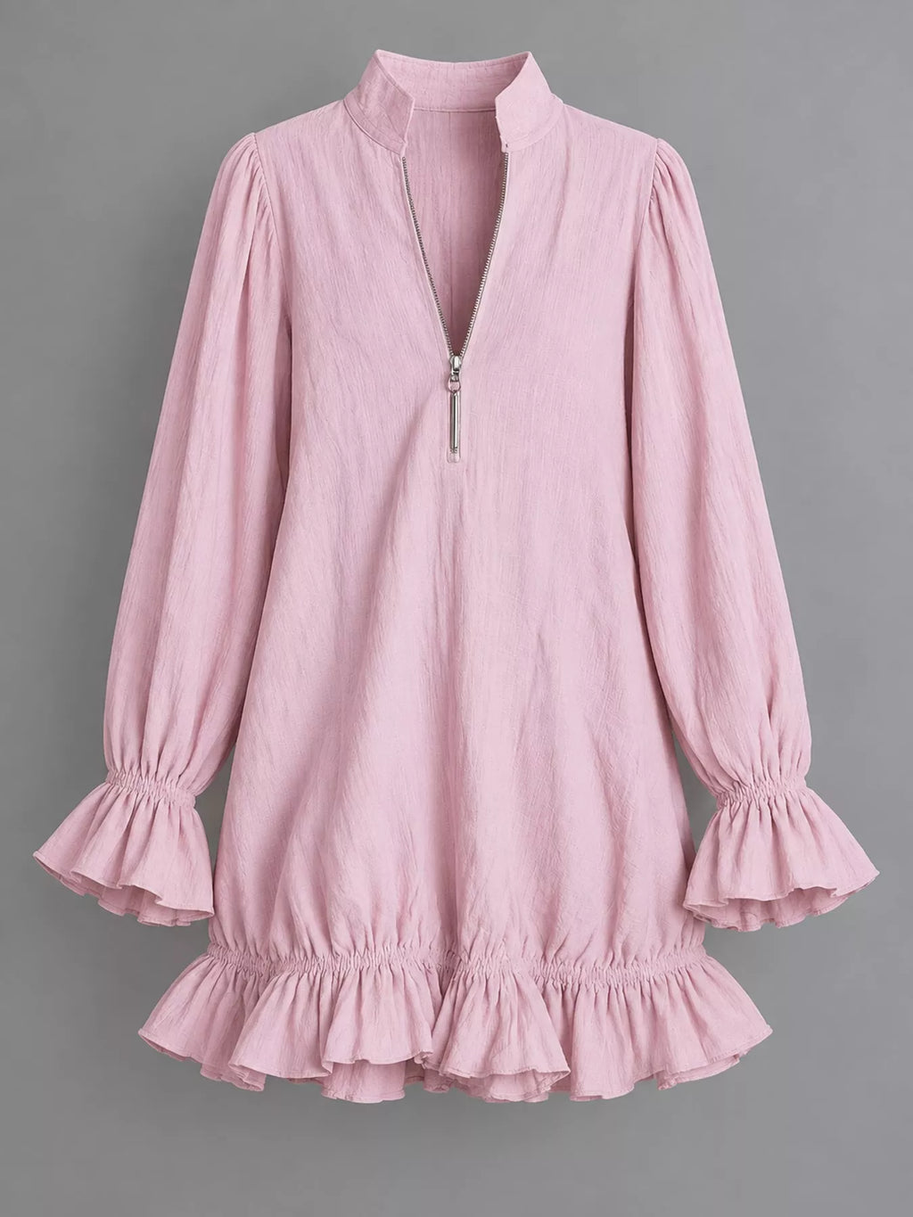 Zipper-Front Ruffle Hem Mini Dress