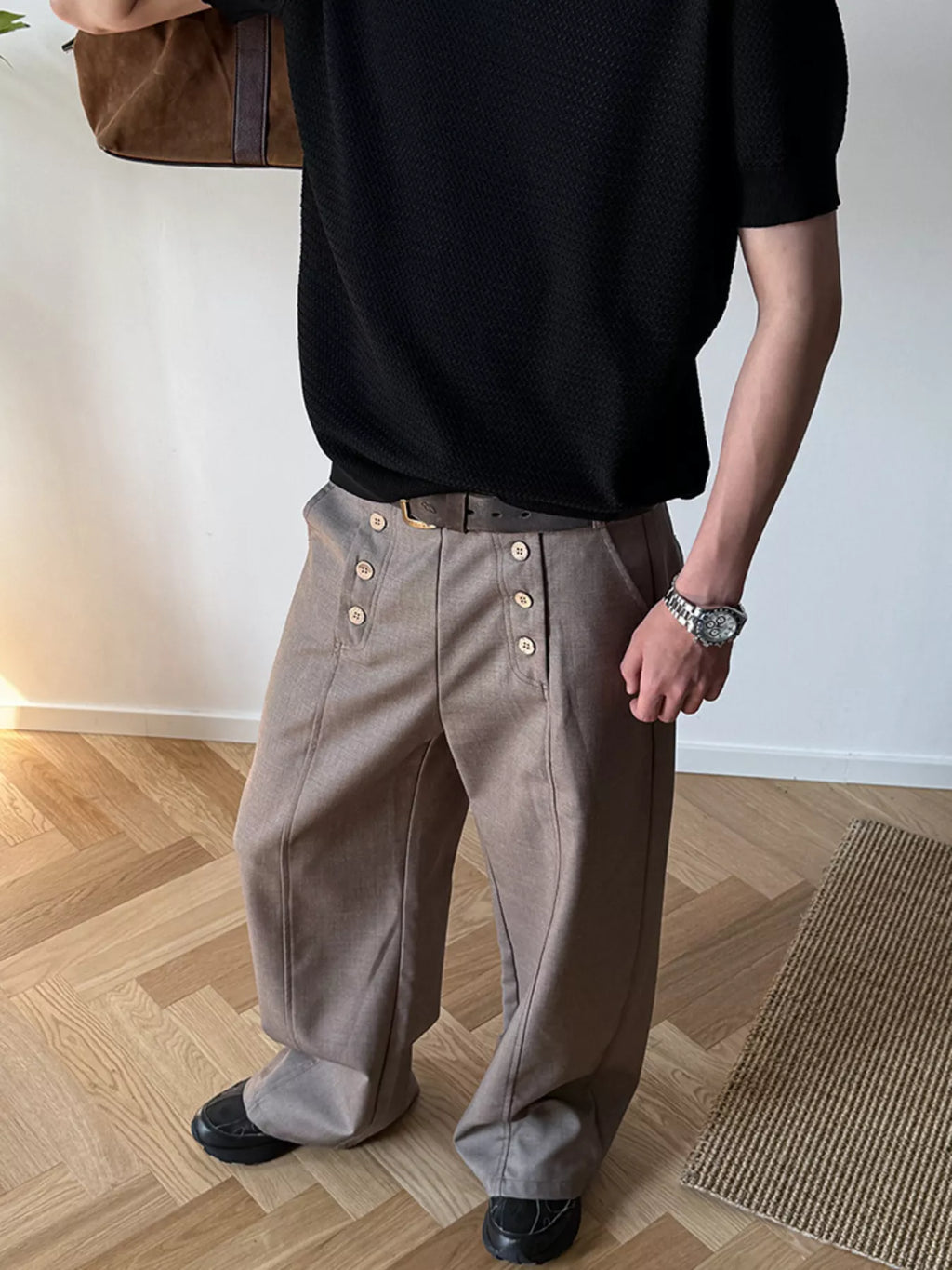 Men's  Button-Detailed Wide Leg Pants