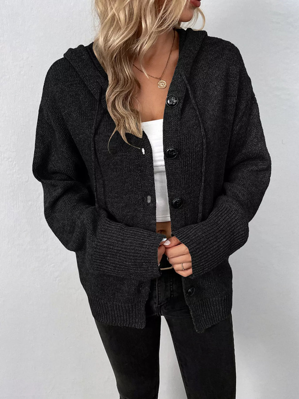Cozy Knit Hooded Button-Down Cardigan
