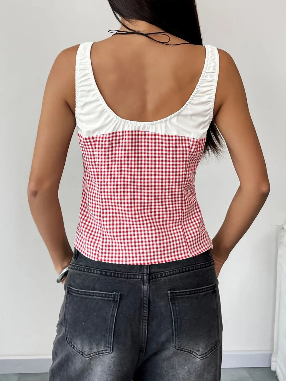 Contrast Plaid Square Neck Woven Tank Top