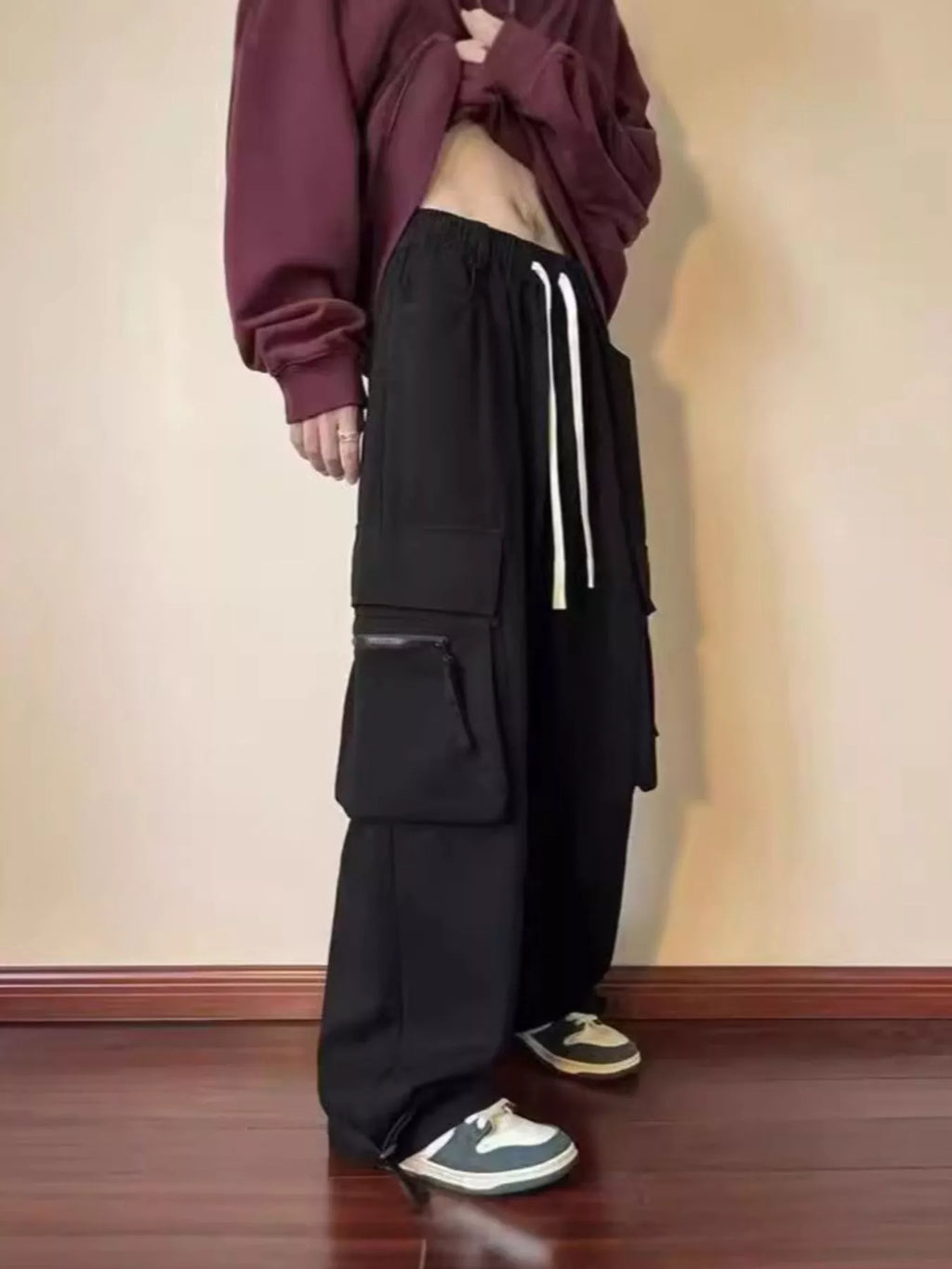 Men's Plus Size Loose Fit Cargo Pants with Drawstring