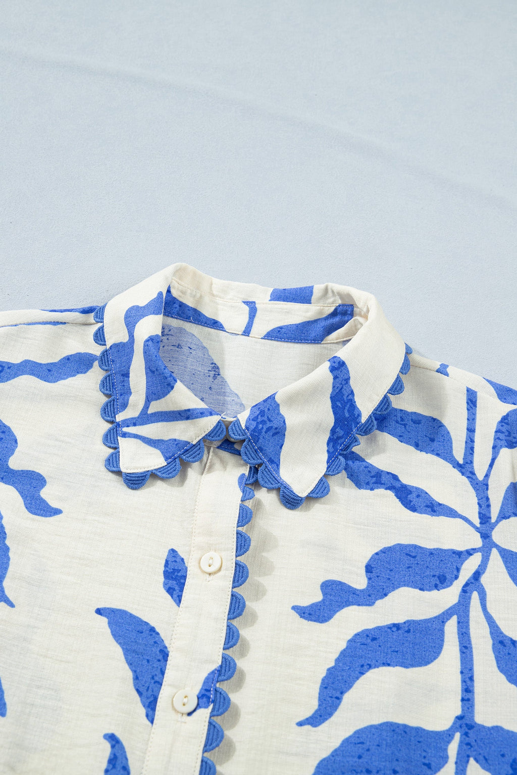 Sky Blue Leafy Botanical Print Side Tie Button Down Maxi Dress