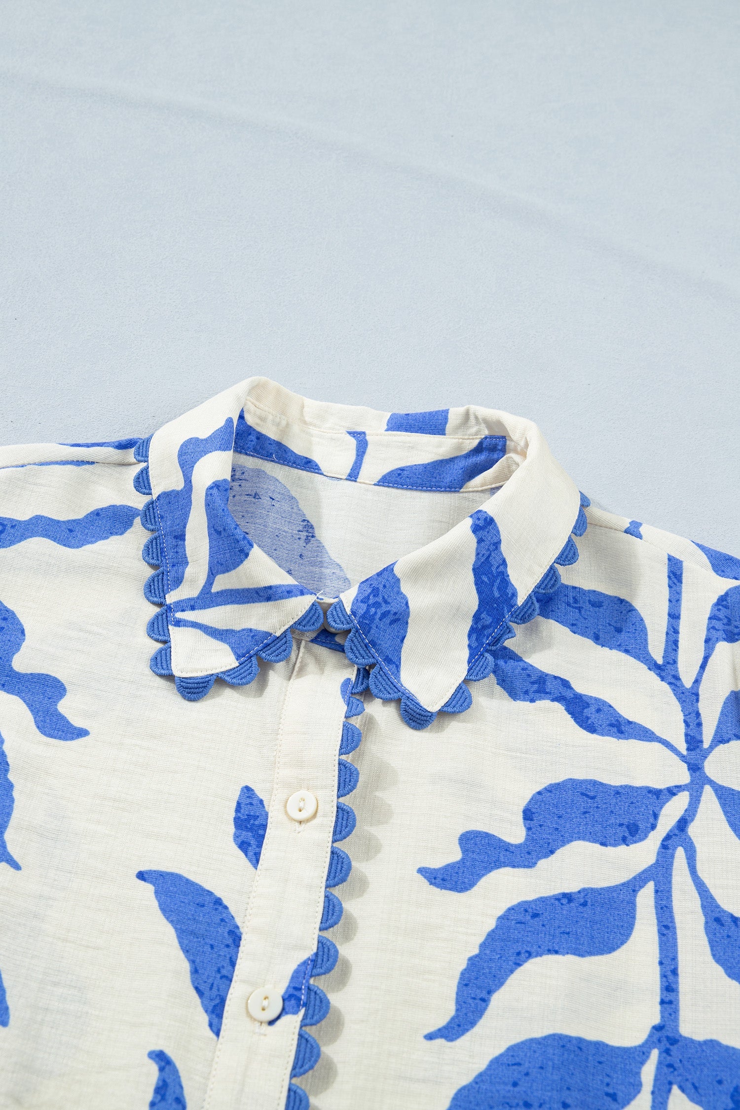 Sky Blue Leafy Botanical Print Side Tie Button Down Maxi Dress