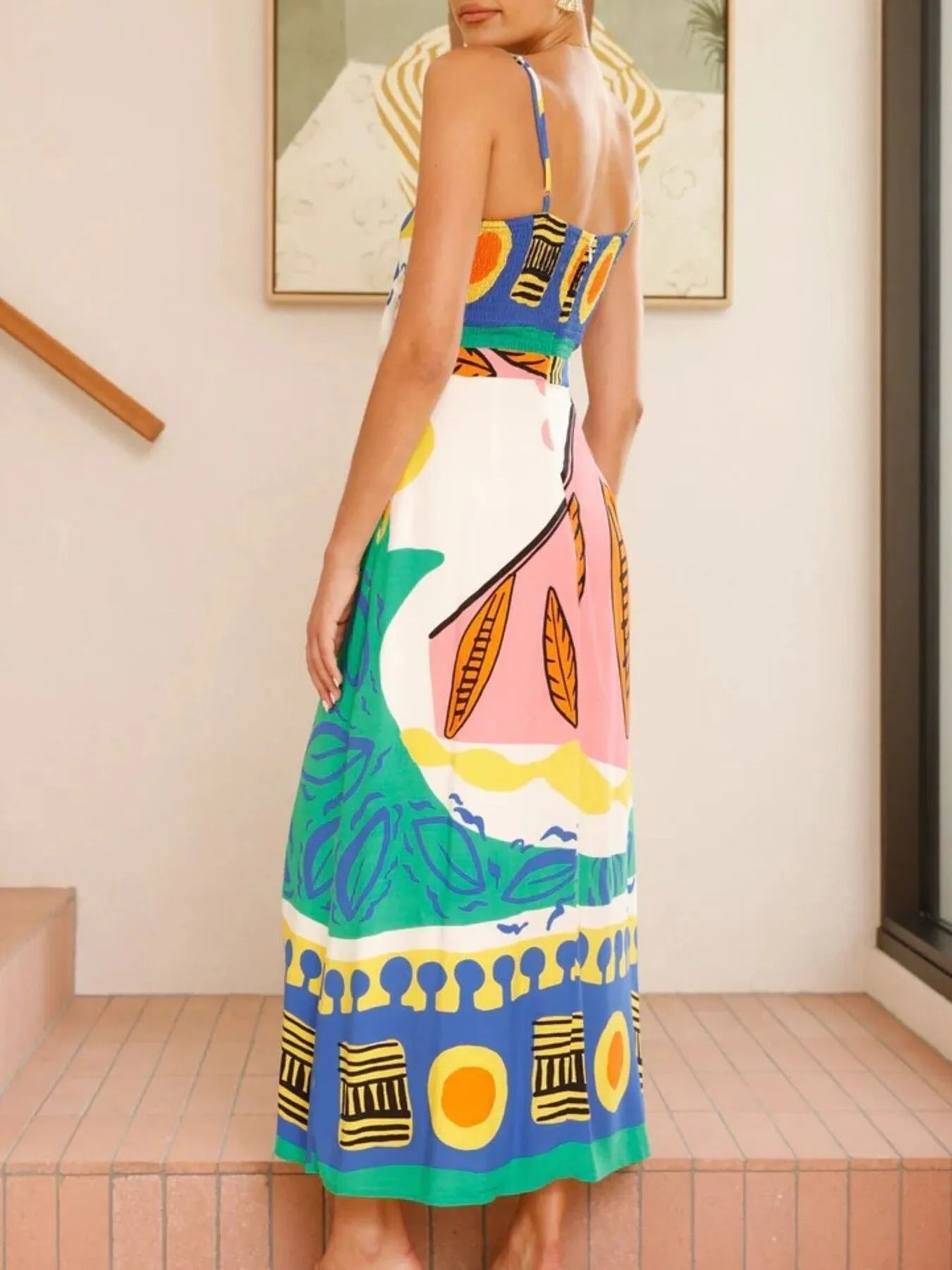 Tied Front Printed Slit Maxi Cami Dress