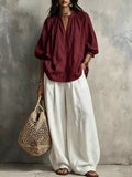 Notched Blouse and Wide-Leg Pants Set