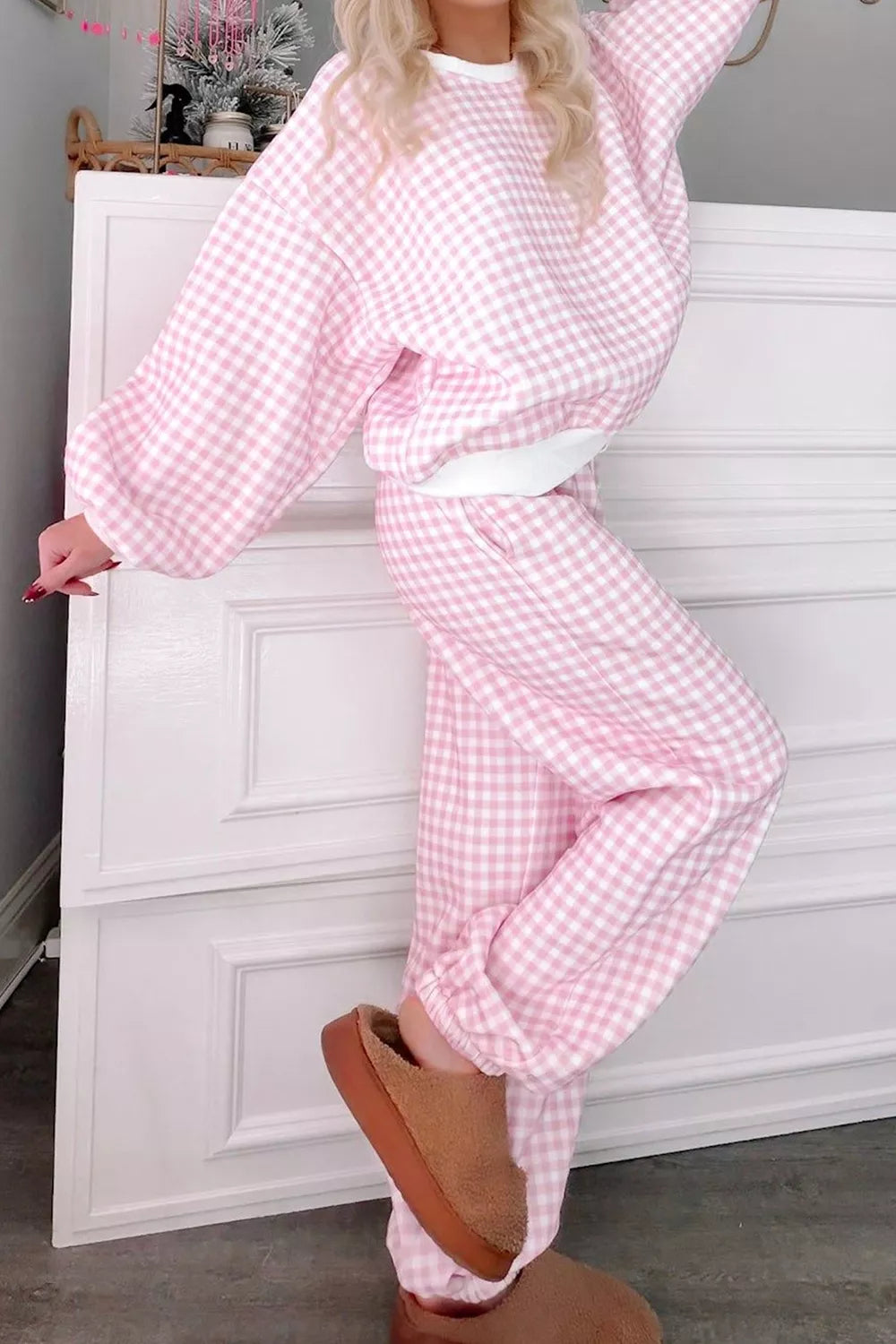 Gingham Round Neck Top and Pants Set