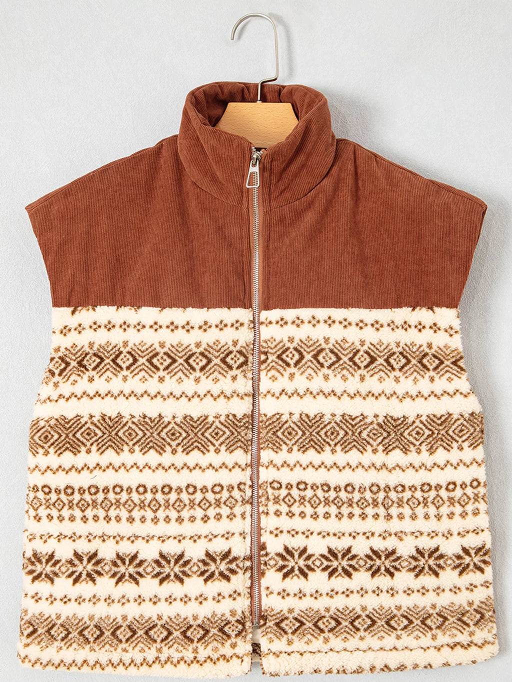 Geometric Print Fleece Metal Zipper Collar Patchwork Design Vest