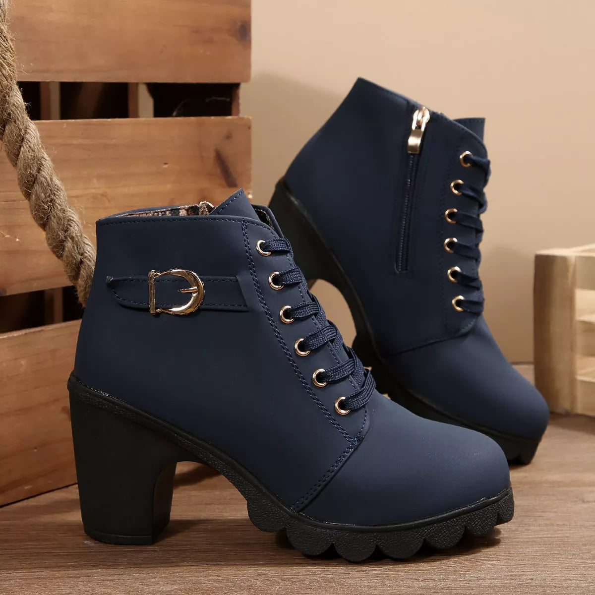 Lace Up Block Heels Boots