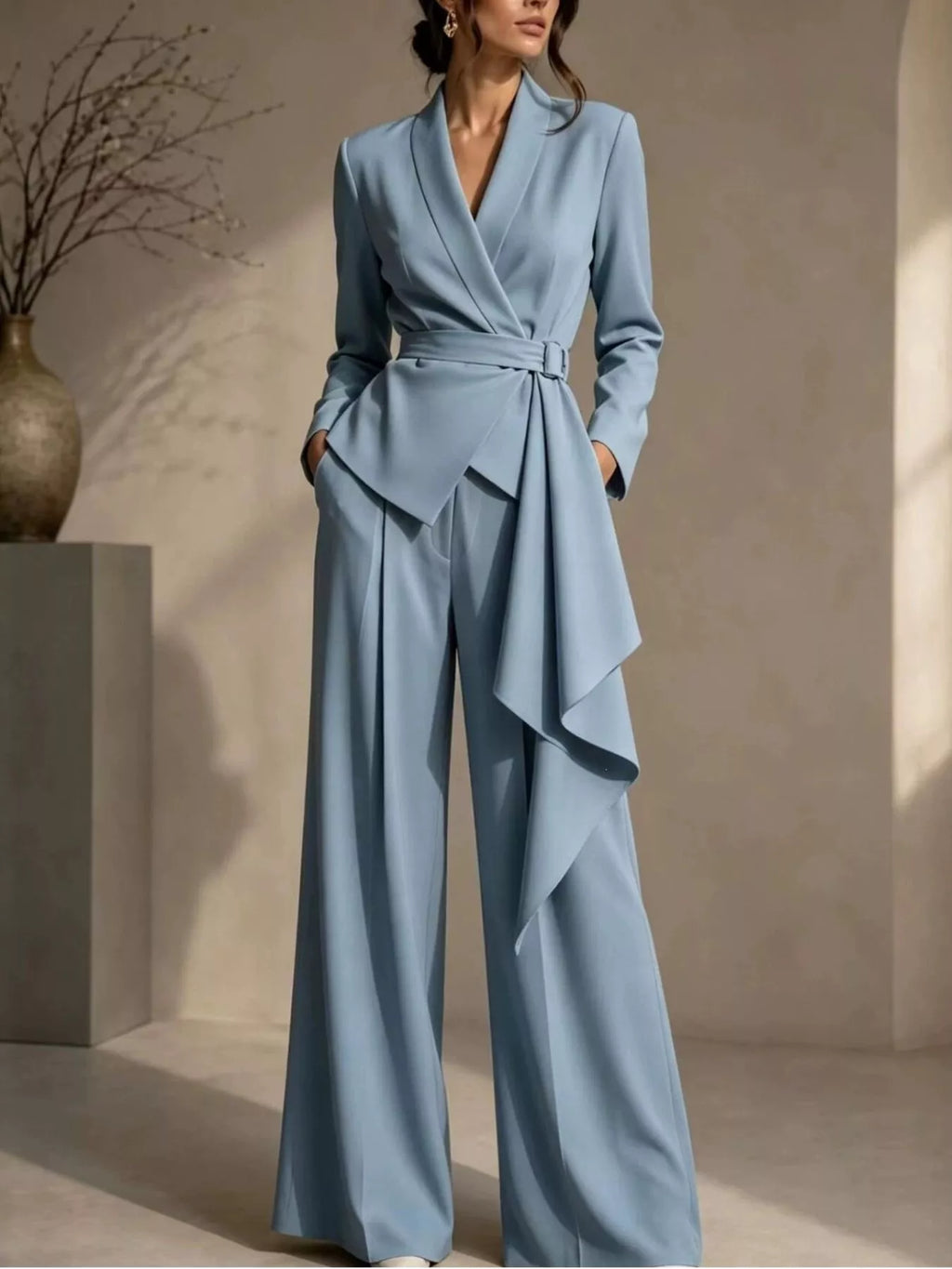 Full Size Belted Blazer and Wide-Leg Pants Set Plus Size