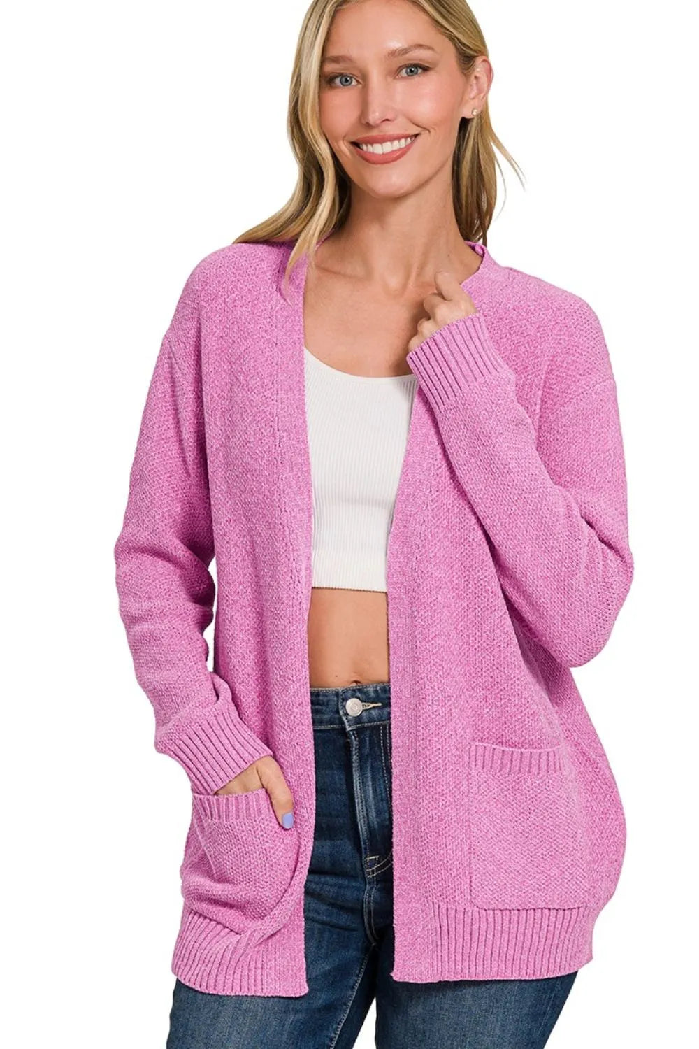Melange Open-Front Sweater Cardigan with Pockets