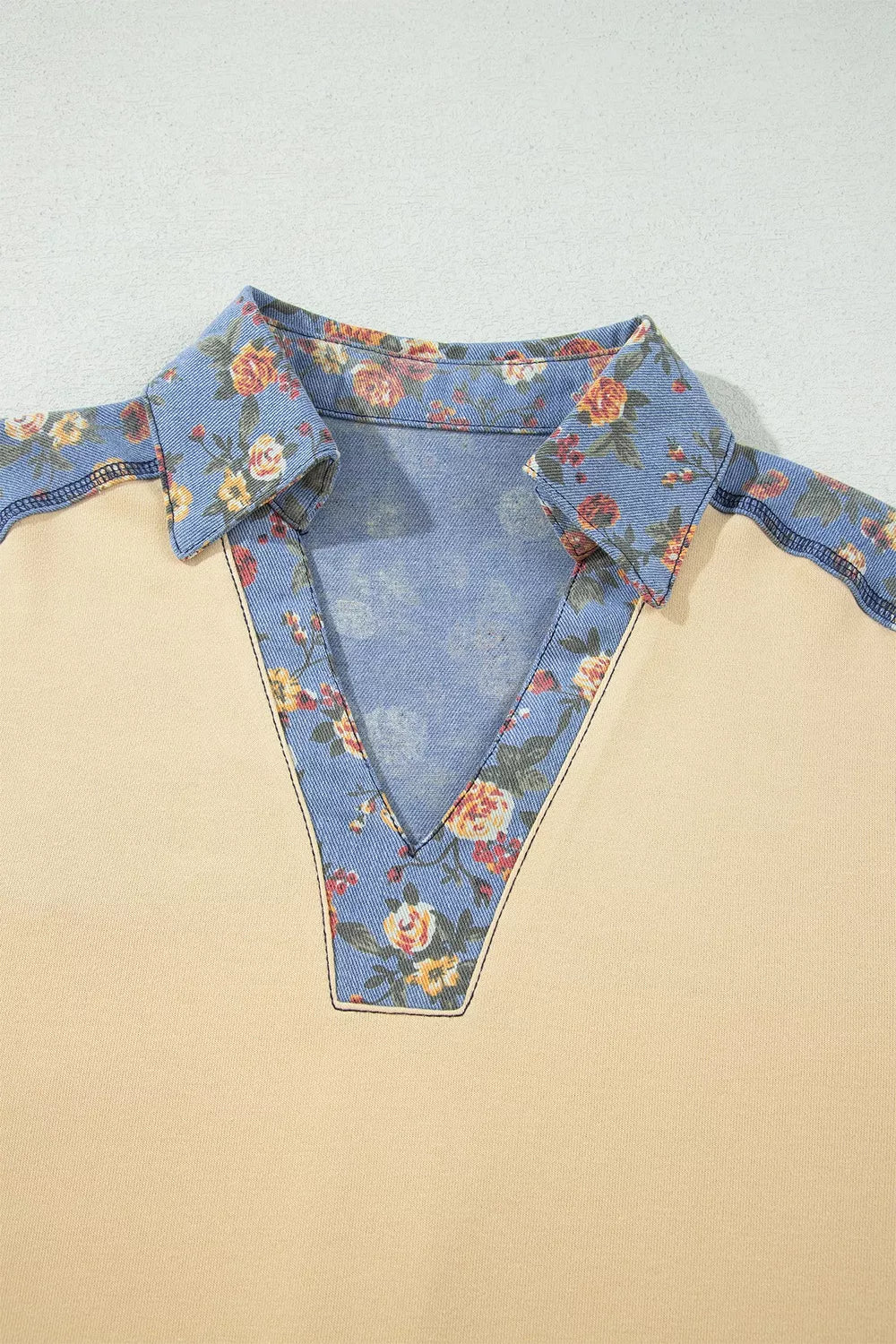 Floral Denim Patchwork Collar V Neck Long Sleeve Pullover Top