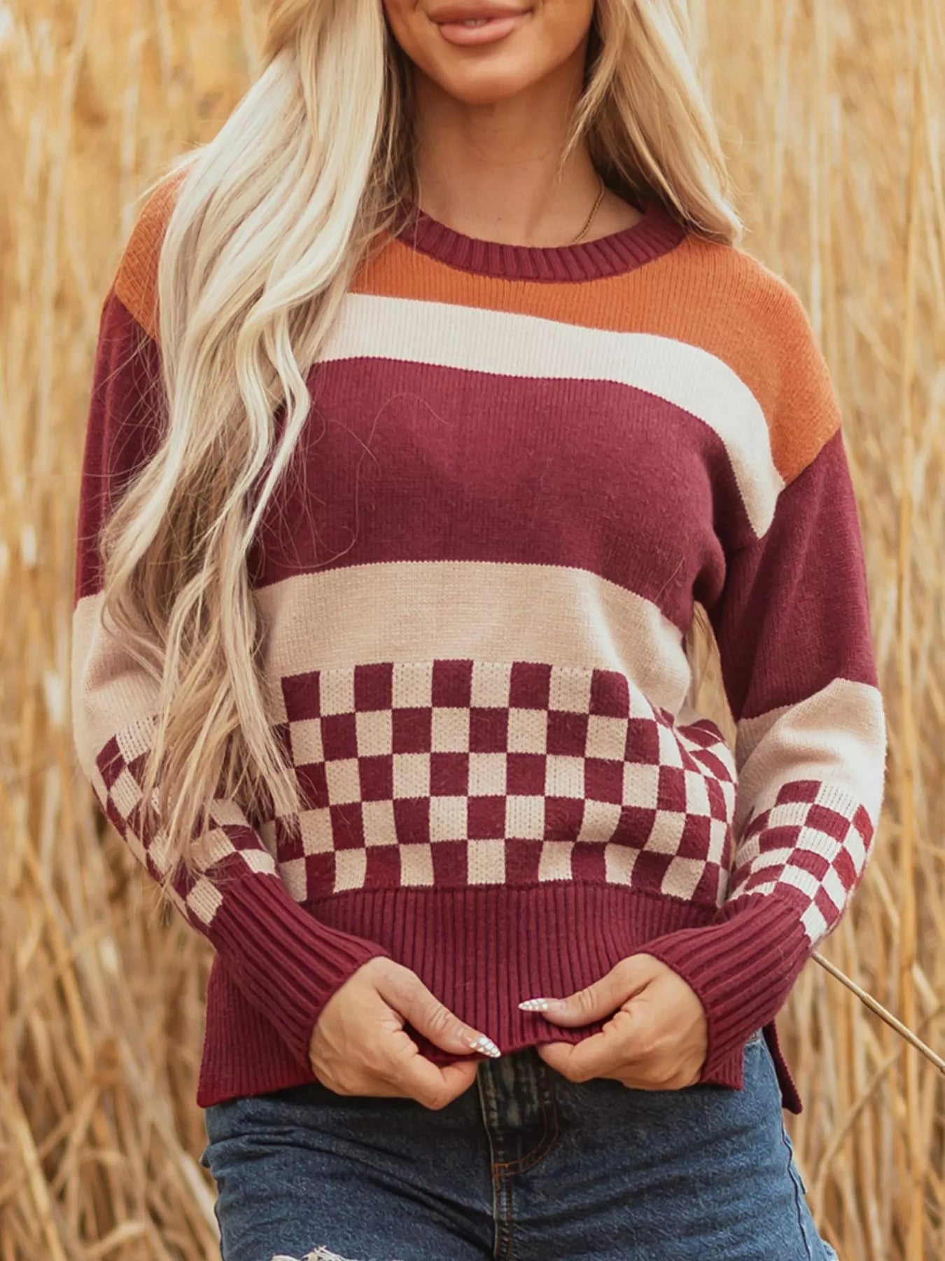 Checkered Color Block Knitted Drop Shoulder Sweater