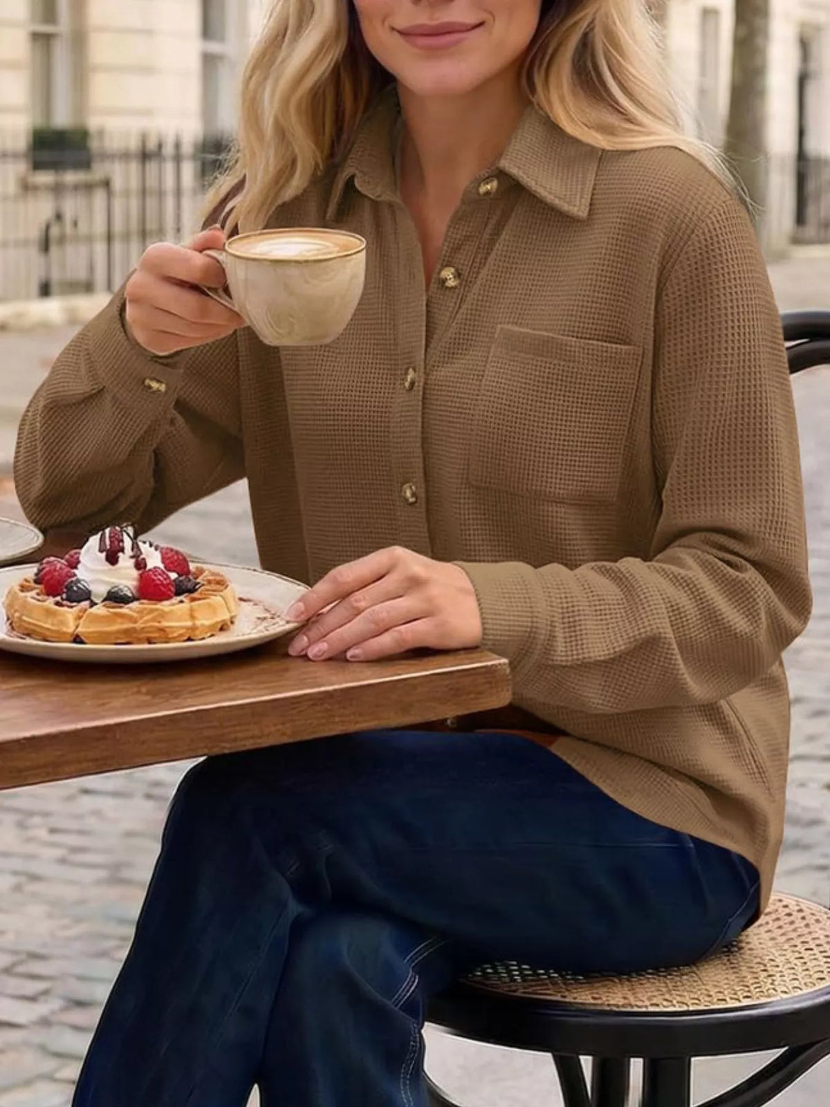 Waffle Knit Button-Down Long Sleeve Shirt