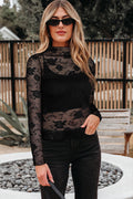 Black Sheer Floral Lace Mesh Mock Neck Long Sleeve Top