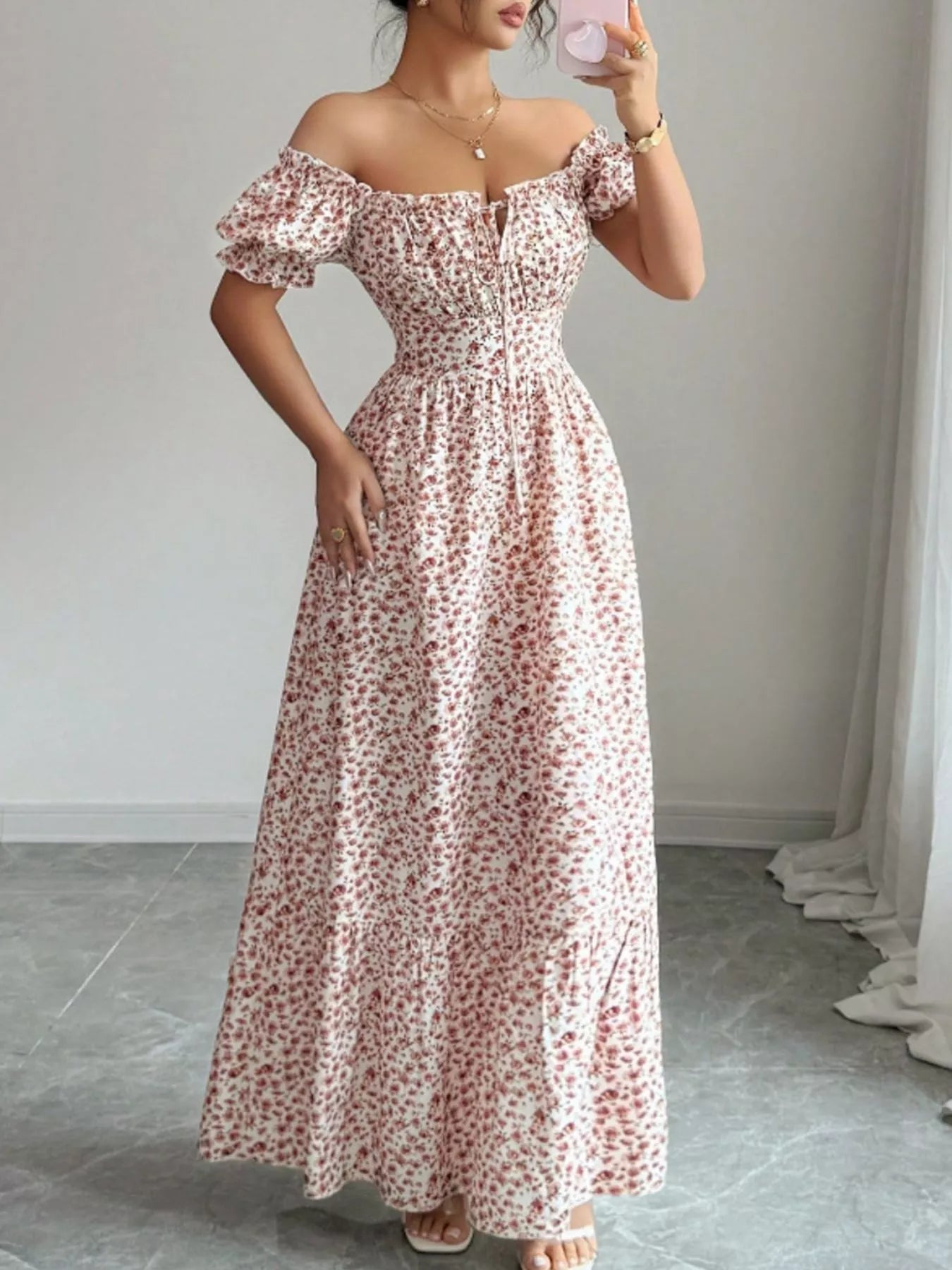 Floral Print Puff Sleeve Maxi Dress