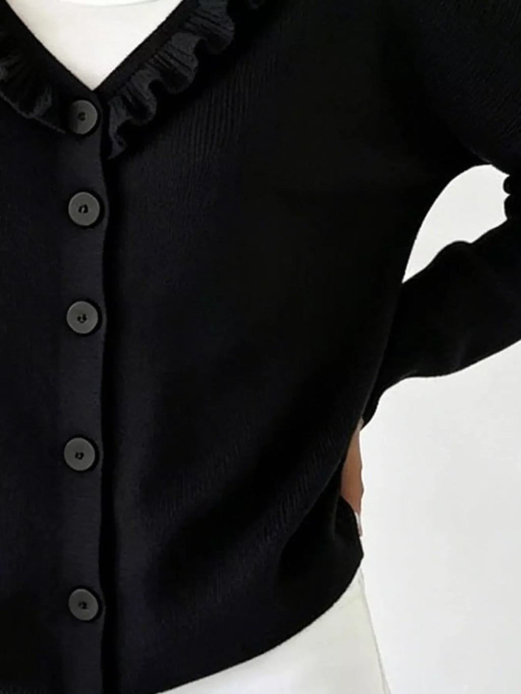 Ruffled Neckline Button-Up Cardigan