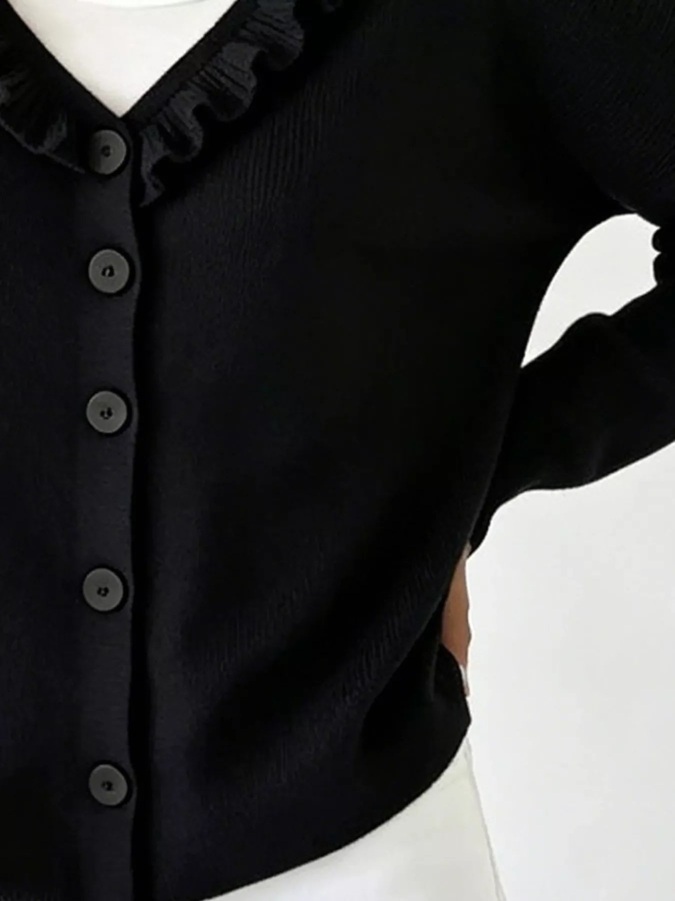 Ruffled Neckline Button-Up Cardigan