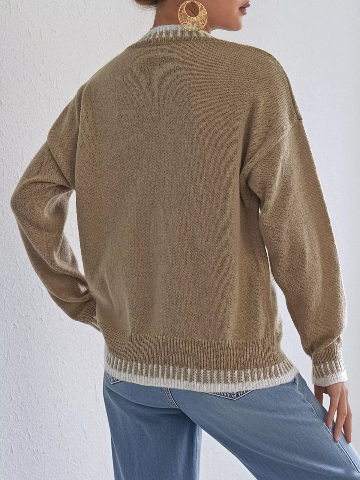 Heart-Embroidered Contrast Trim Sweater
