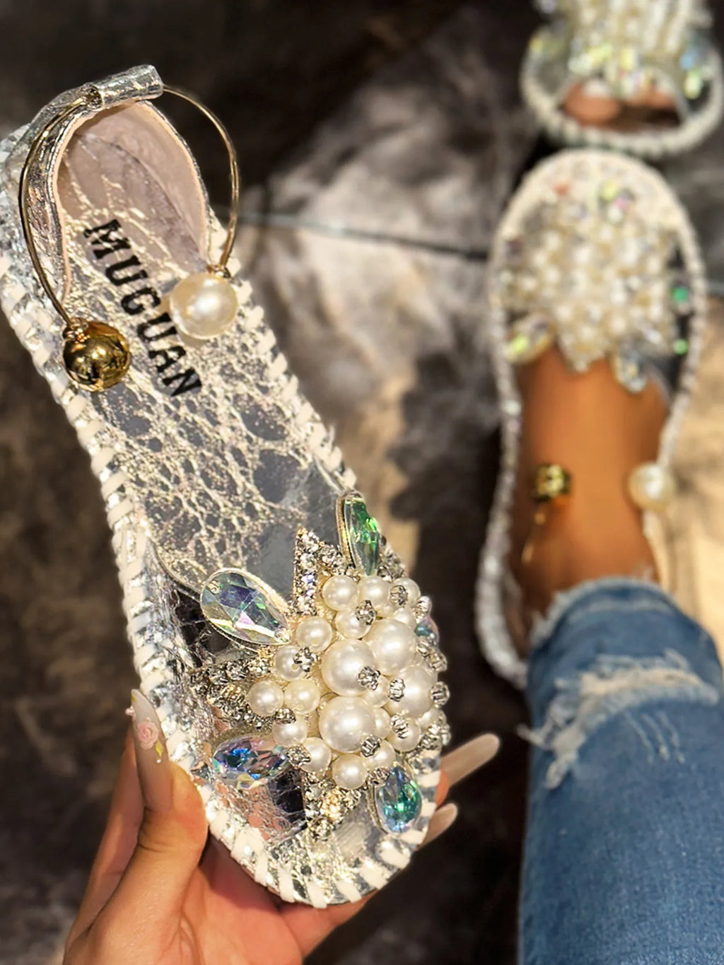 Pearl Crystal Embellished Flat Sandals