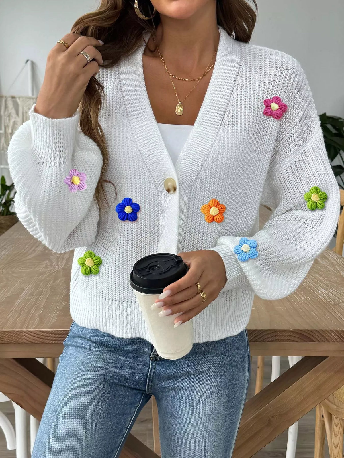 3D Floral Appliques Button Up Cardigan