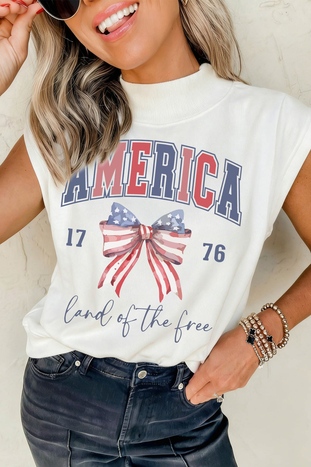 White Patriotic Slogan America Flag Print Mock Neck Tee