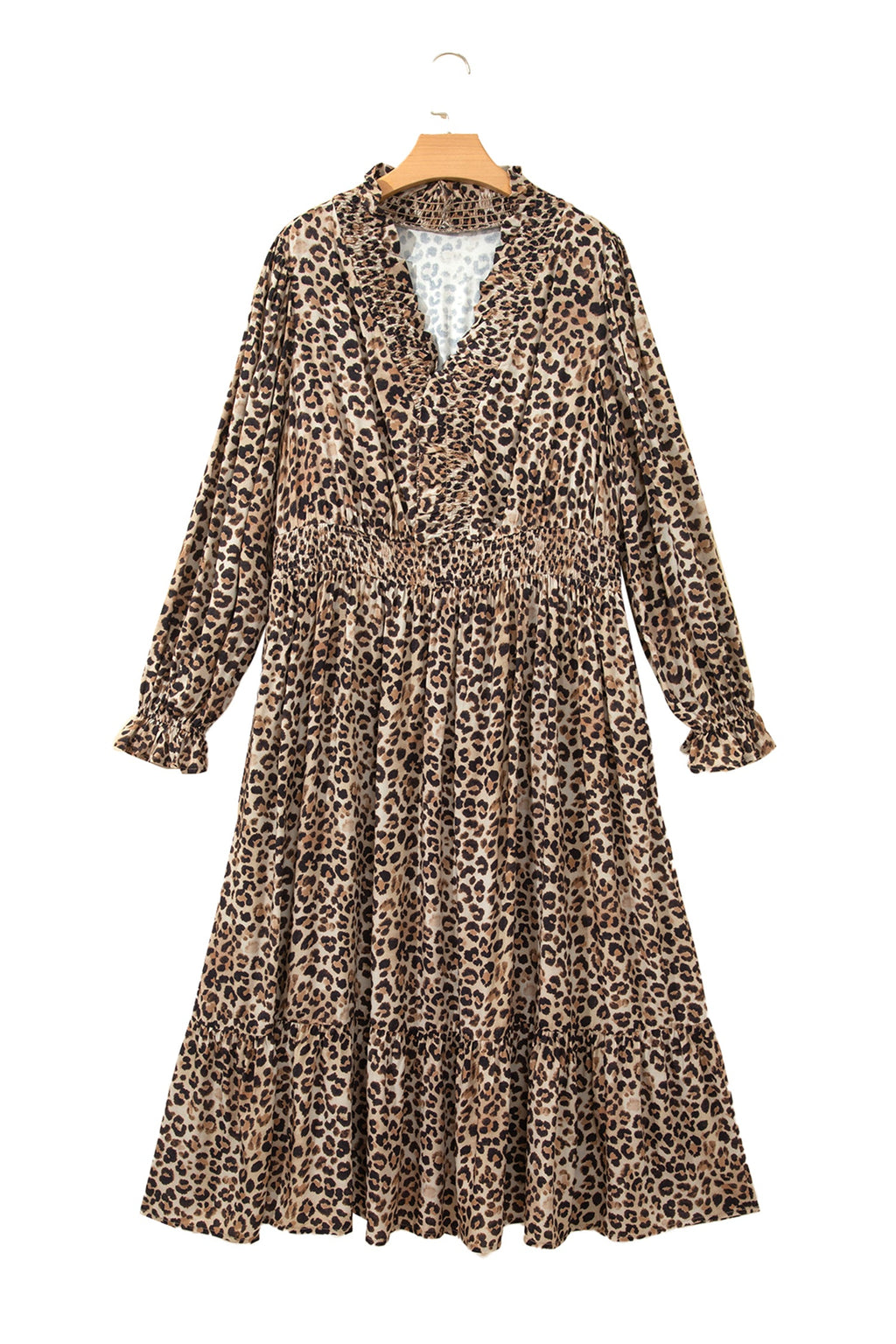 Brown Leopard Print V Neck Long Sleeve Gathered Waist Plus Size Dress