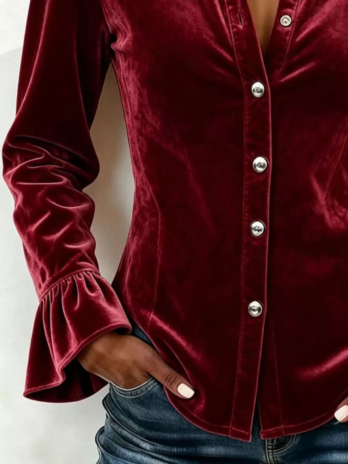 Velvet Button-Down Flounce Sleeve Shirt