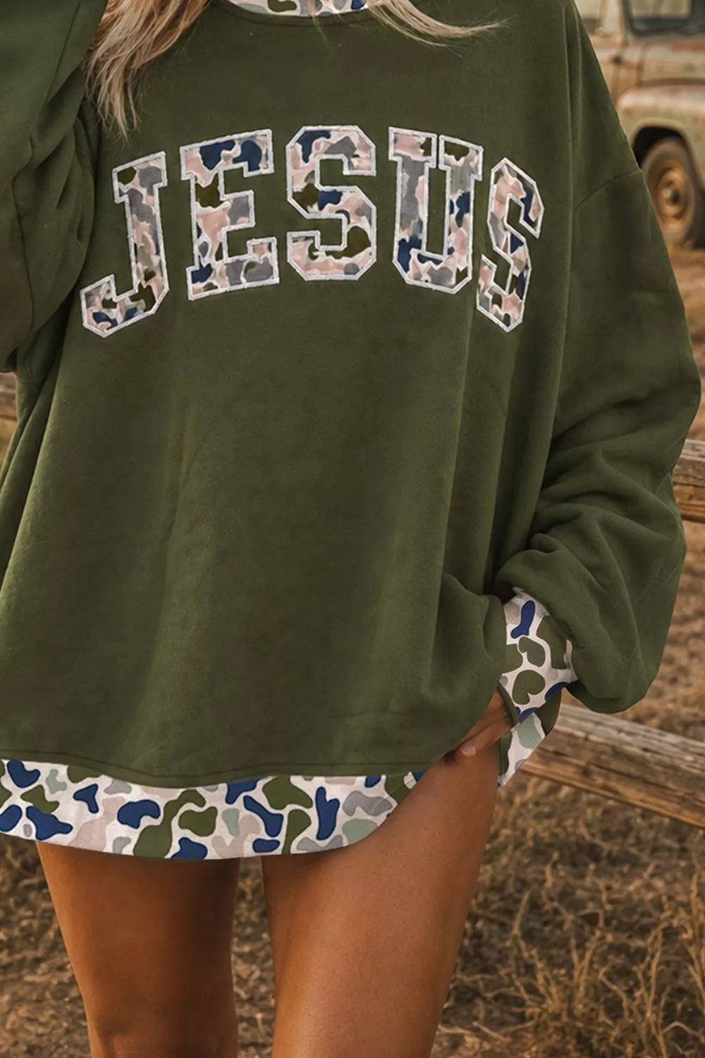 Camo JESUS Graphic Dropped Shoulder Sweatshirt