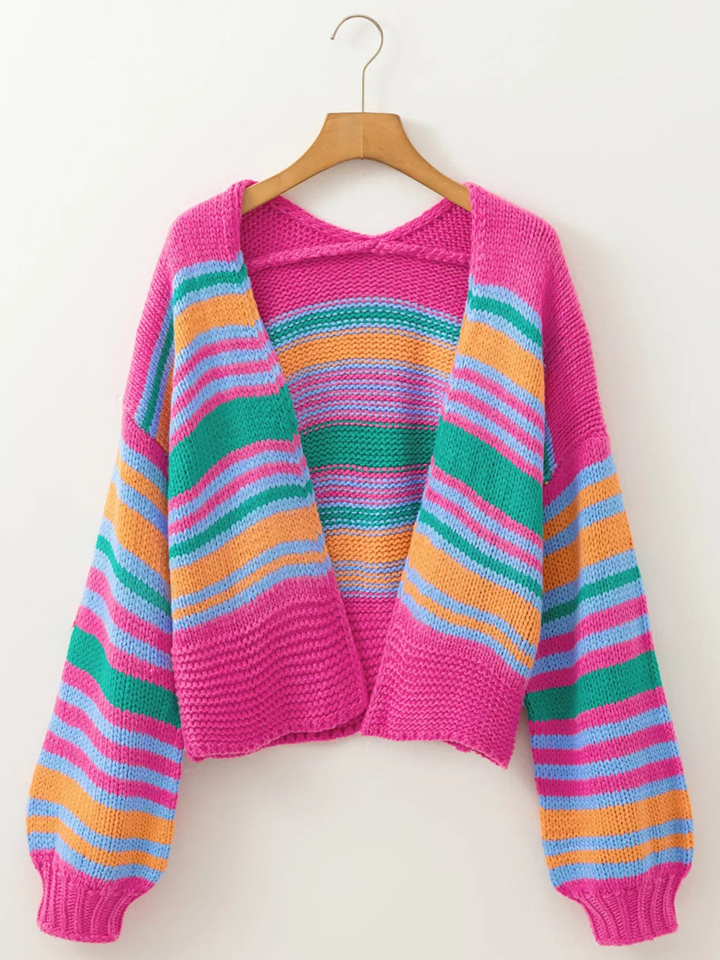 Stripe Colorful Puff Sleeve Drop Shoulder Loose Cardigan