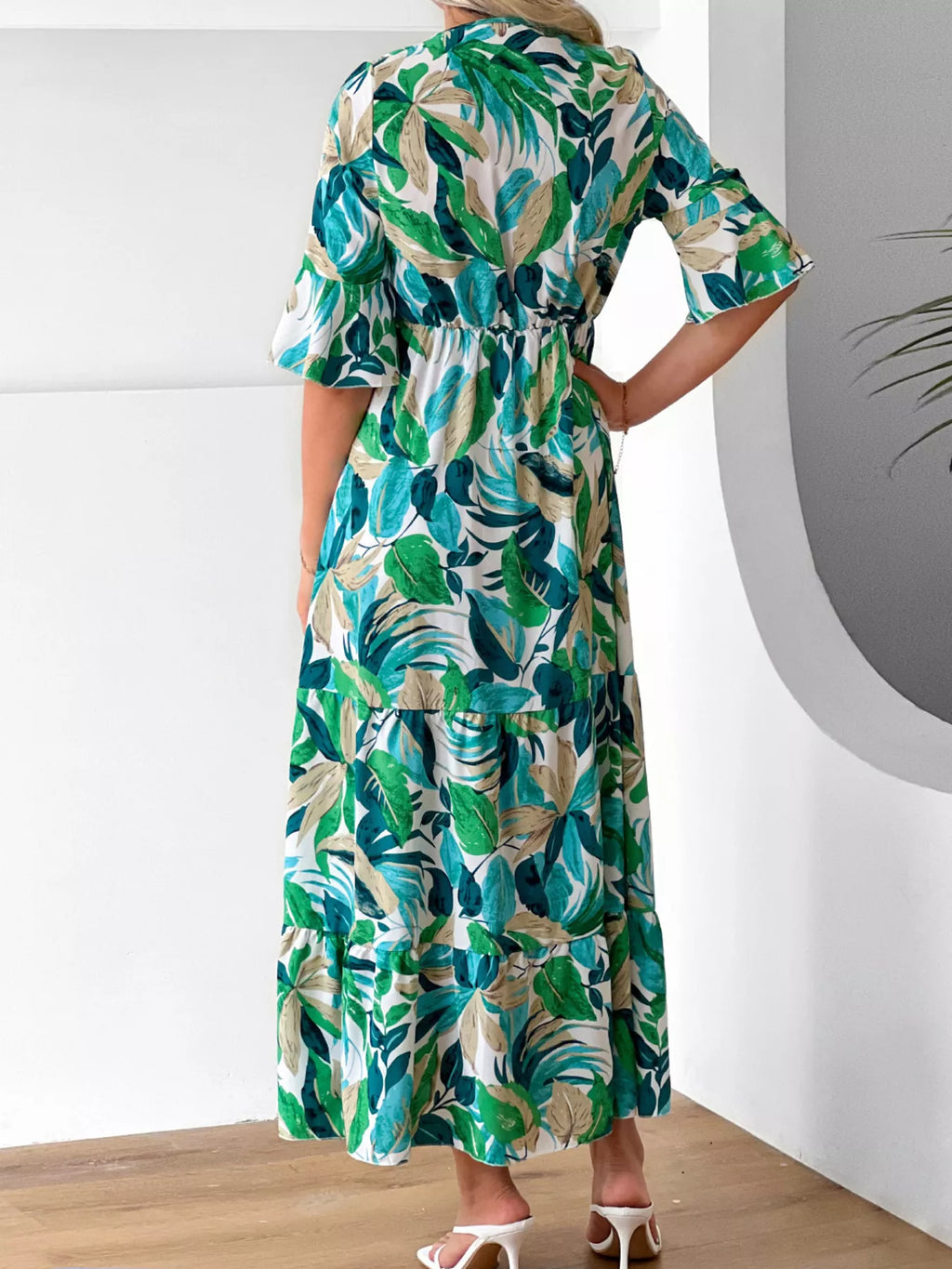 Tropical Leaf Print Half Sleeve Midi Dress