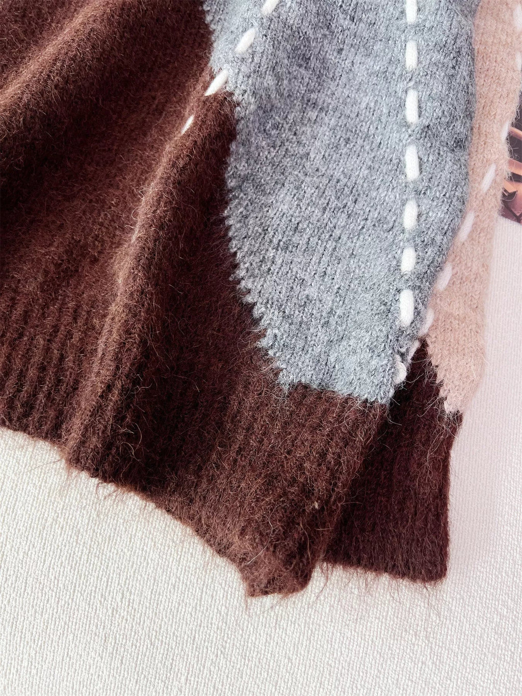 Argyle Pattern V-Neck Oversized Sweater