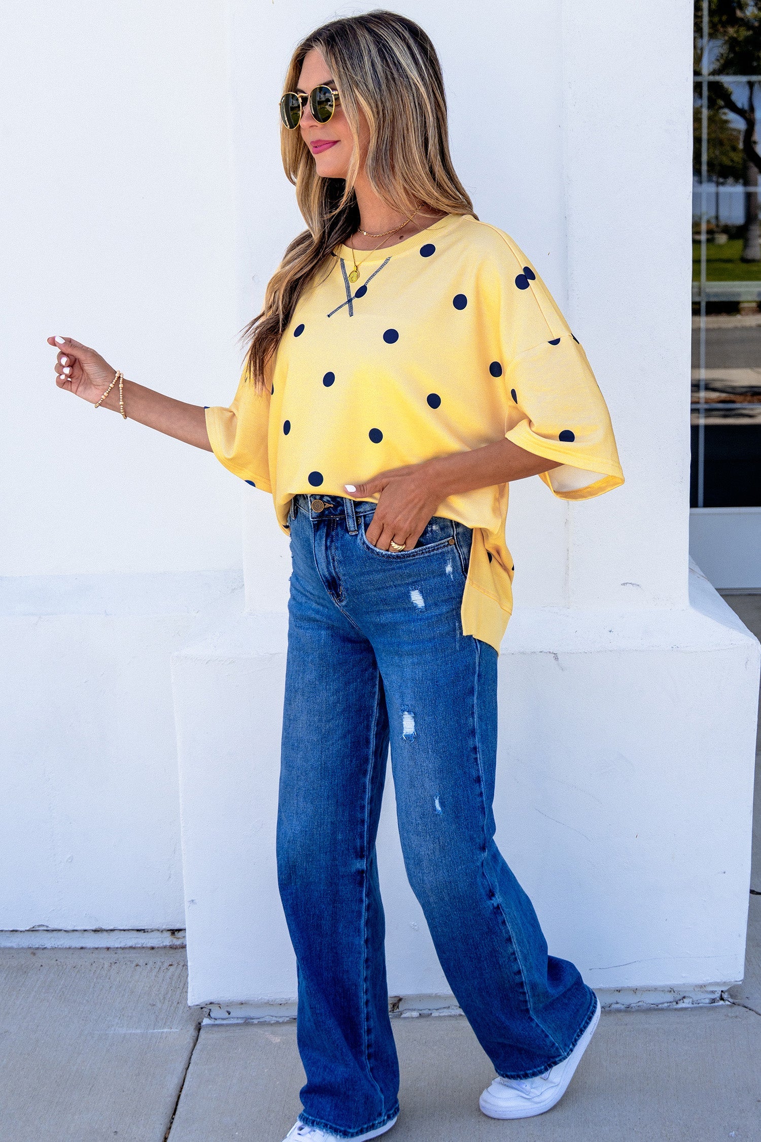 Sky Blue Polka Dot Print Crossed Seam Detail Oversize Tee