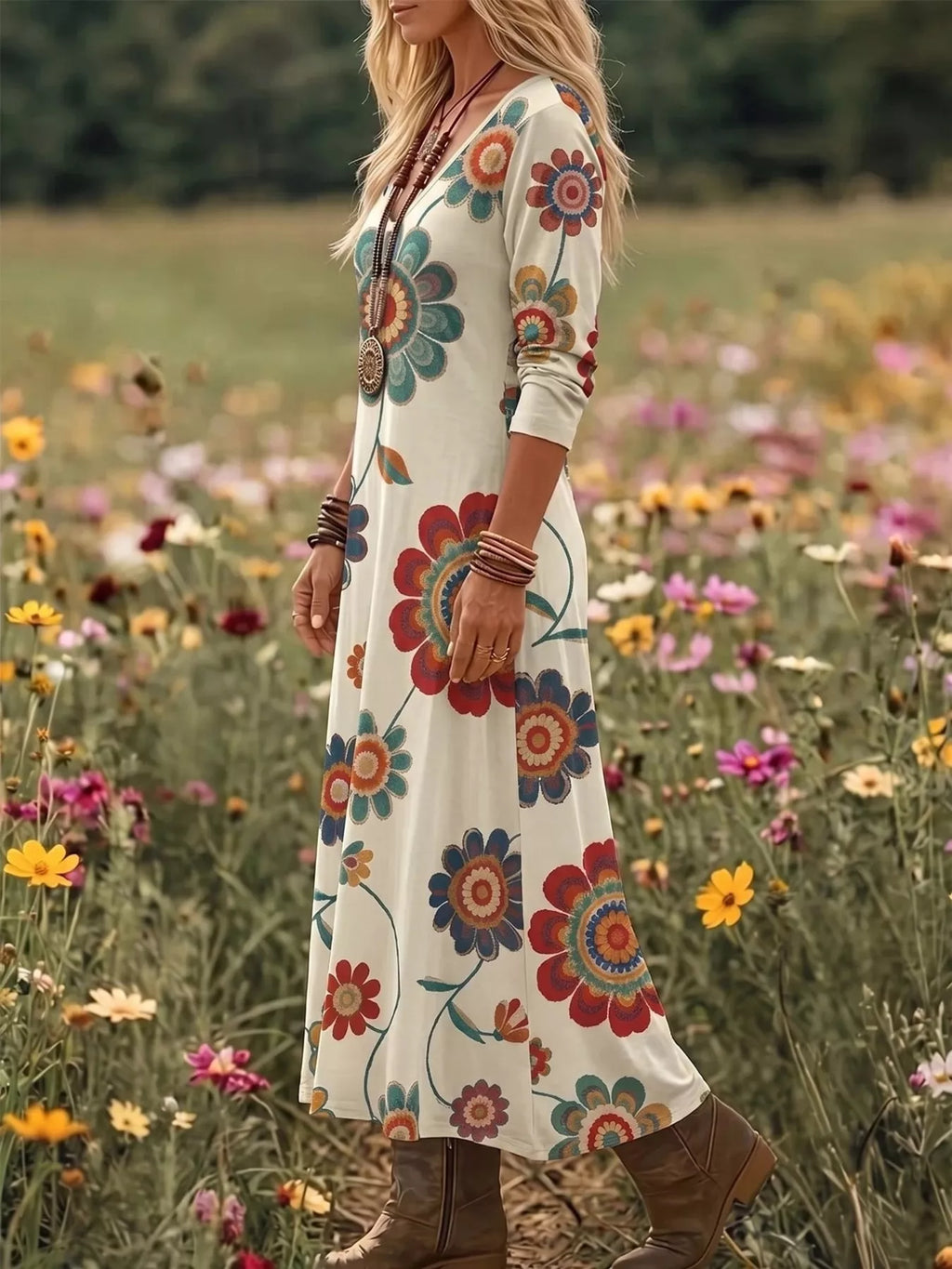 Floral Print V-Neck Long Sleeve Maxi Dress