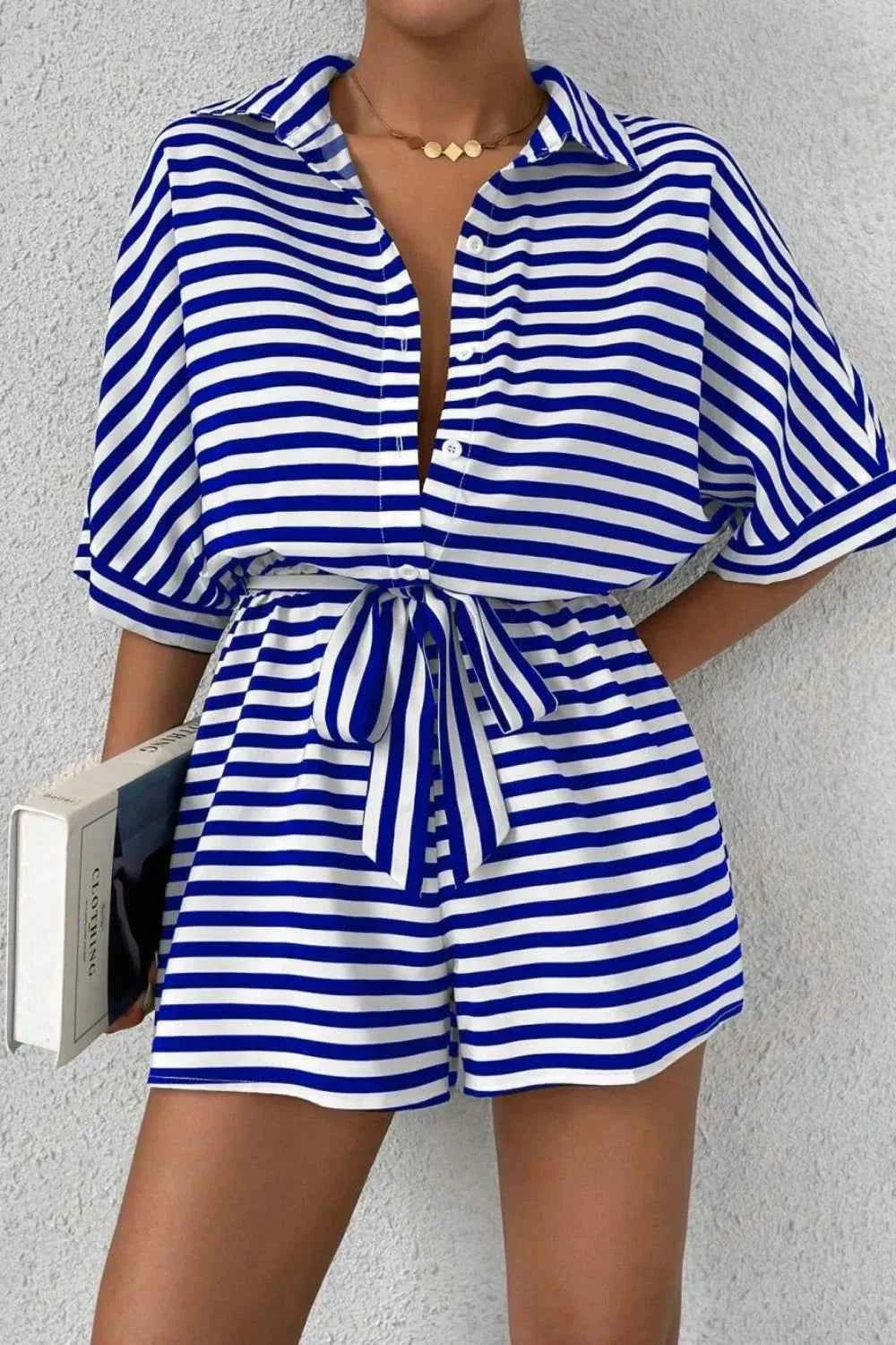 Striped Collared Neck Tie Waist Romper
