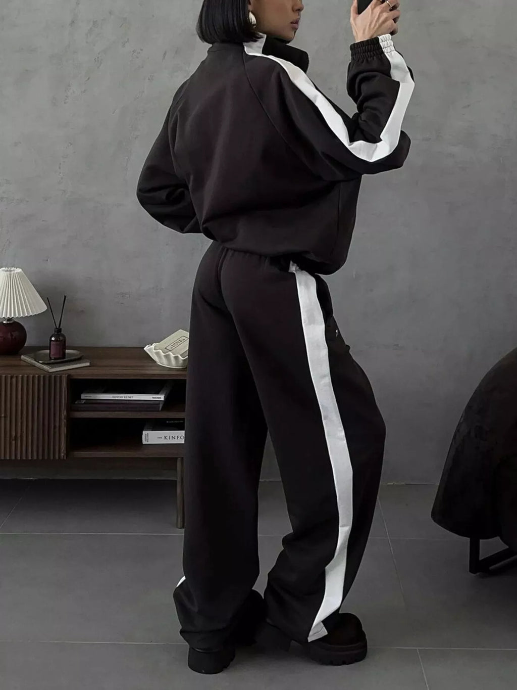 Contrast Side Stripe Zip Up Top and Pants Set