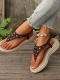 Studded T-Strap Wedge Sandals