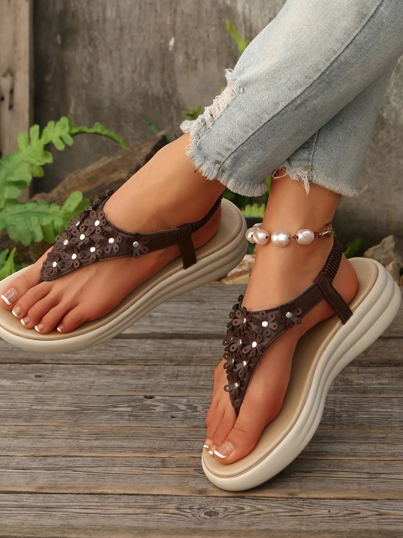 Studded T-Strap Wedge Sandals