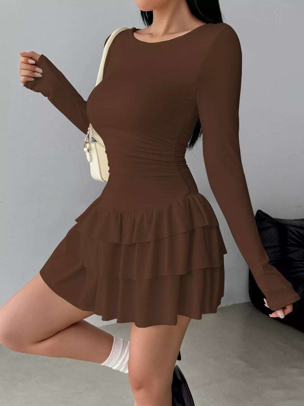 Ruched Long Sleeve Layered Ruffle Mini Dress