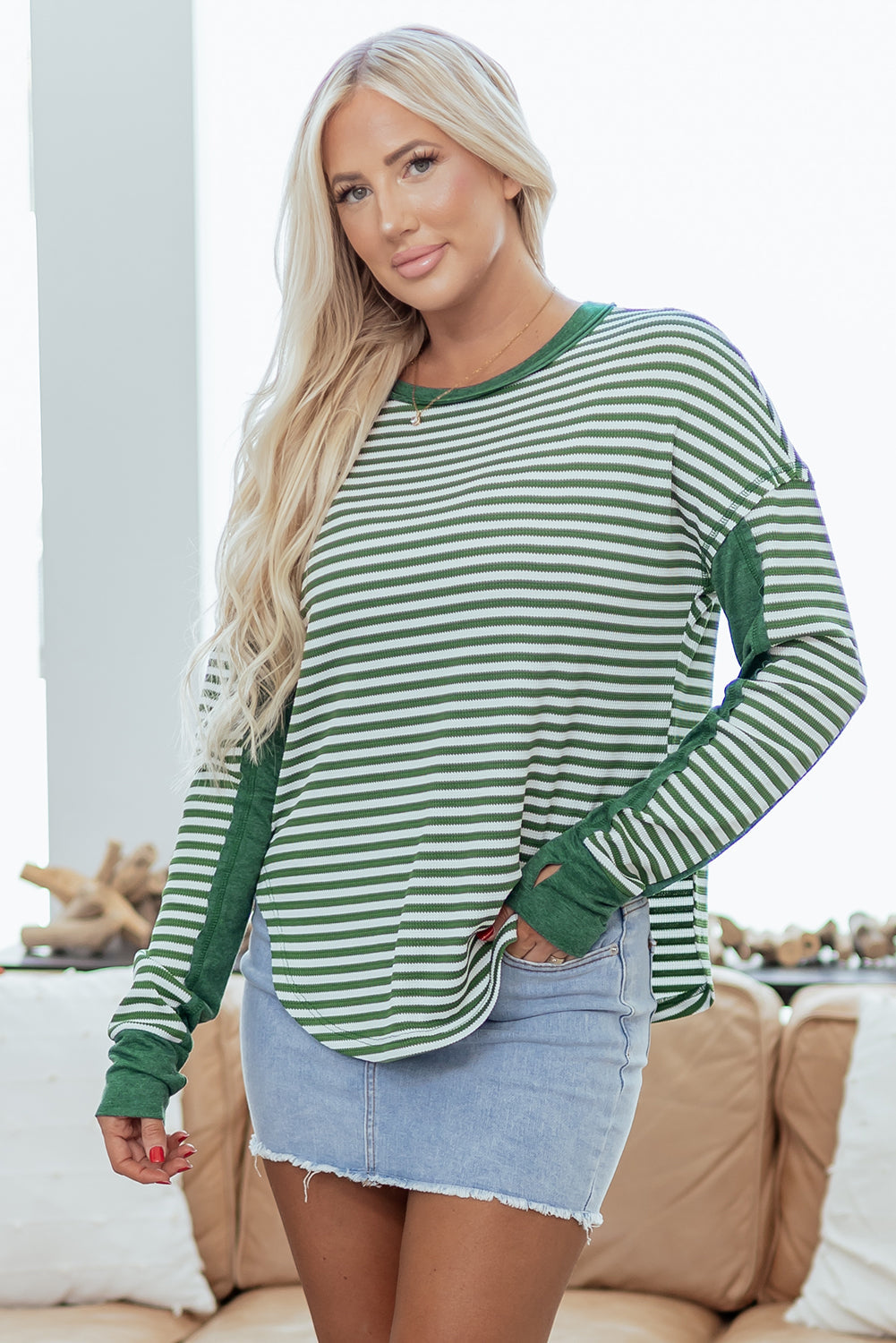 Dearlovers Green Stripe Thermal Knit Drop Shoulder Casual Top