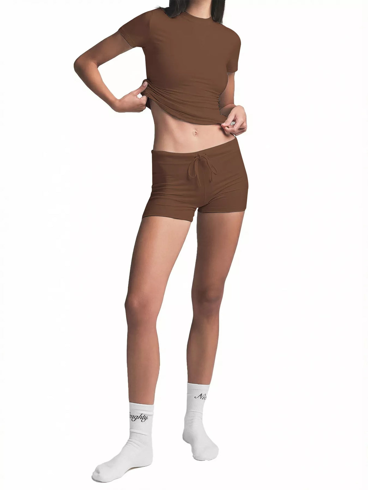 Mock Neck Crop Top and Drawstring Shorts Set