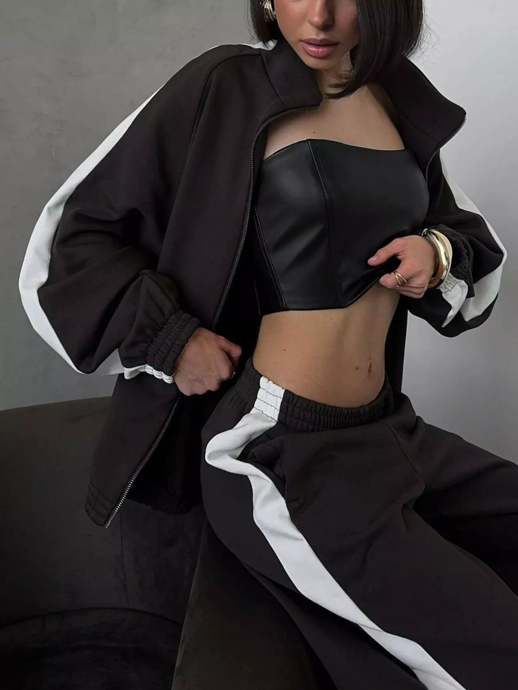 Contrast Side Stripe Zip Up Top and Pants Set