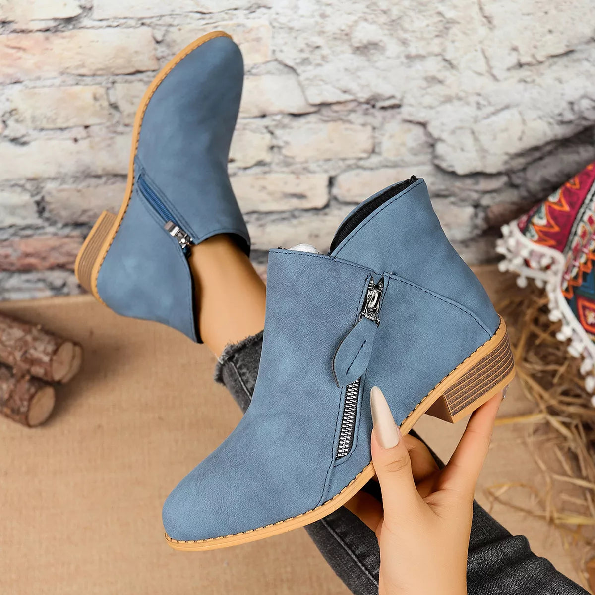 Size Zipper Block Heels Boots