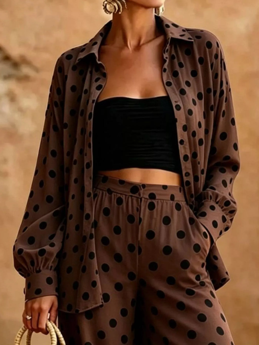 Full Size Polka Dot Shirt and Wide-Leg Pants Set Plus Size