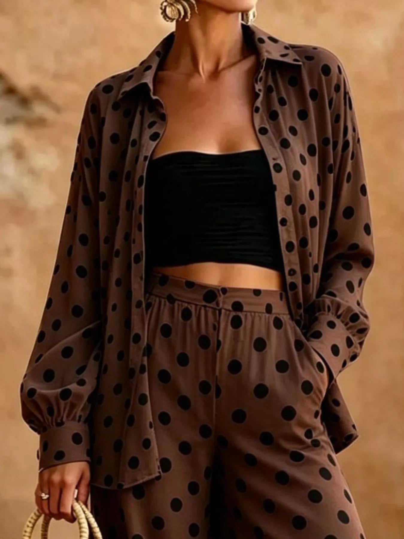 Full Size Polka Dot Shirt and Wide-Leg Pants Set Plus Size